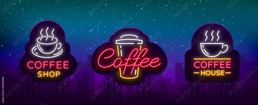 Set of vector coffee elements and accessories for coffee. Coffee logos, emblems in neon style, noy advertising coffee. Bright luminous signboard, night advertisement. Billboard