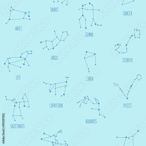 Cute seamless background with schematic hand drawn zodiac constellations