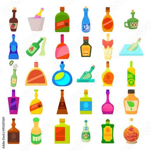 Alcohol bottle icon set, cartoon style