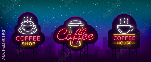 Set of vector coffee elements and accessories for coffee. Coffee logos, emblems in neon style, noy advertising coffee. Bright luminous signboard, night advertisement. Billboard