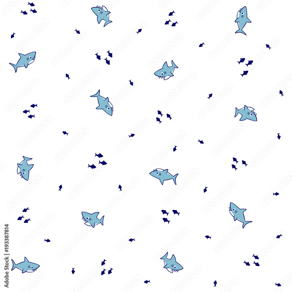 Naklejka premium seamless background with cute funny sharks and little fishes under the sea, design for children