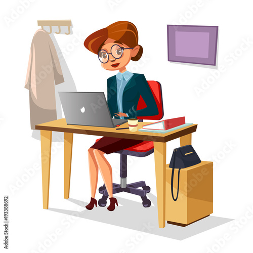 Businesswoman in office vector illustration of cartoon woman manager working on laptop at table. Woman boss confident in glasses and business suit typing with coffee and purse on office desk