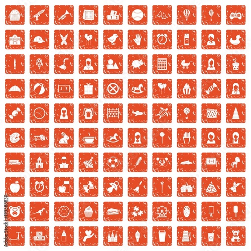 100 child center icons set grunge orange