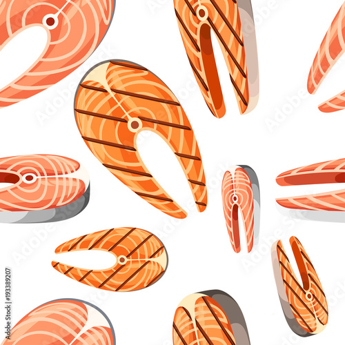 Seamless pattern of grilled and fresh salmon steaks vector illustration on white background web site page and mobile app design