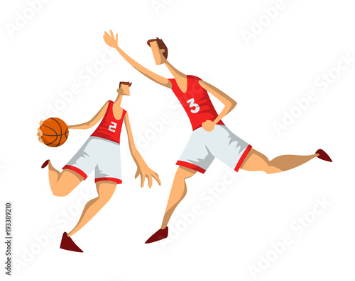 Basketball players in abstract flat style. Men playing with a basketball ball. Vector illustration, isolated on white background.