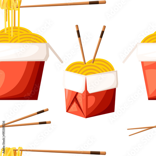Seamless pattern of chinese restaurant take away red food box with noodles and sticks vector illustration on white background web site page and mobile app design