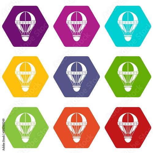 Vintage hot air balloon icon set color hexahedron