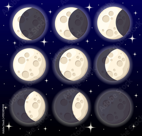 Set of different moon phases space object natural satellite of the earth vector illustration isolated on style background web site page and mobile app design