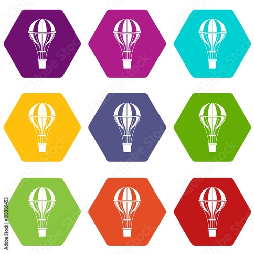 Air balloon journey icon set color hexahedron