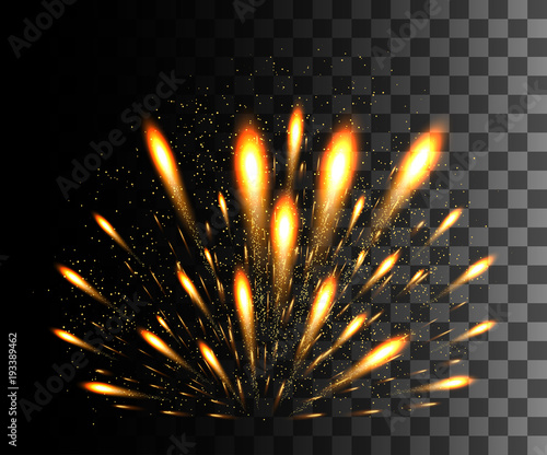 Glowing collection. Golden firework, light effects isolated on transparent background. Sunlight lens flare, stars. Shining elements. Holiday fireworks. Vector illustration