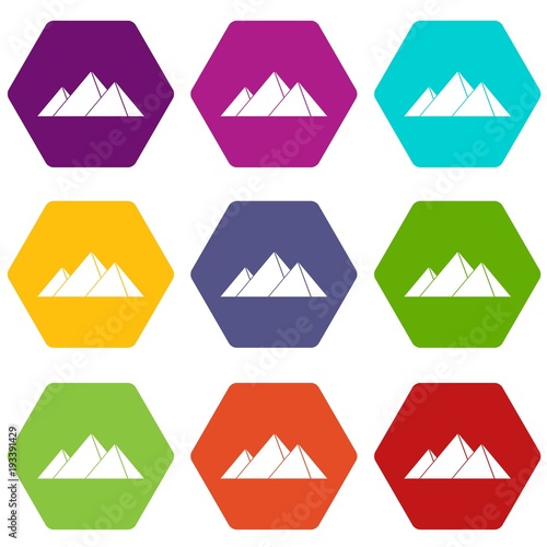 Pyramids in Giza icon set color hexahedron