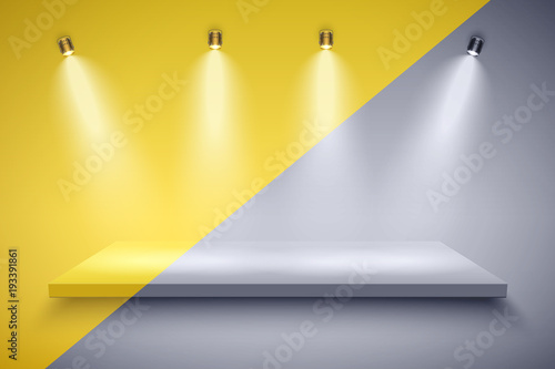 Light box with Black and white platform and yellow color on with four spotlights. Editable Background Vector illustration.