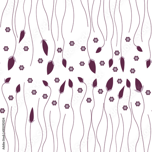 Abstract seamless pattern on white background with petals, stems and Burgundy flowers. Vector illustration.