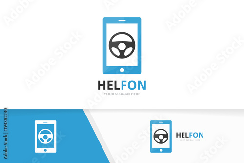 Vector car helm and phone logo combination. Steering wheel and mobile symbol or icon. Unique rudder and device logotype design template.