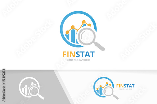 Vector graph and loupe logo combination. Diagram and magnifying symbol or icon. Unique chart and search logotype design template.
