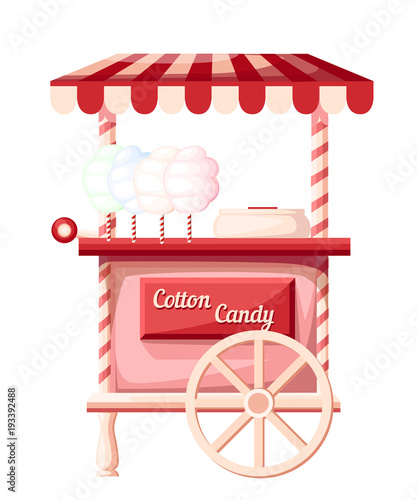 Pink cotton candy cart kiosk on wheels portable store idea for festival vector illustration isolated on white background web site page and mobile app design