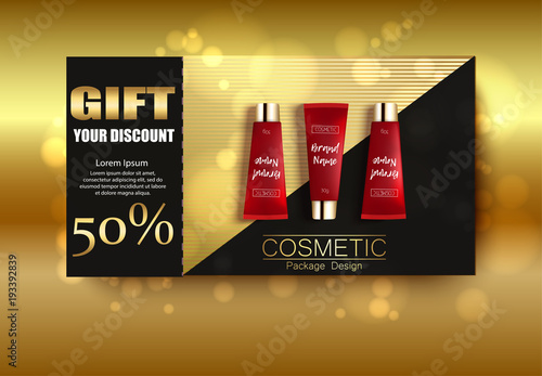 Gift vaucher cosmetics. Discount poster. Package design template. Ads vector realistic illustration 3d. photo