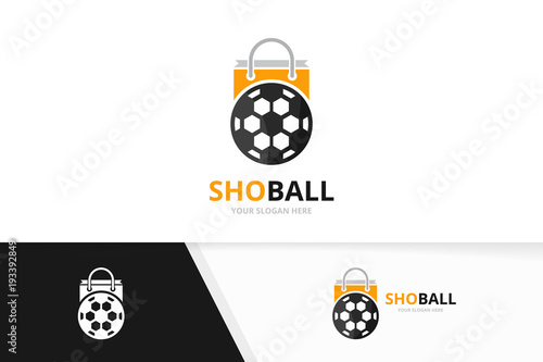 Vector soccer and shop logo combination. Ball and sale symbol or icon. Unique football and market logotype design template.