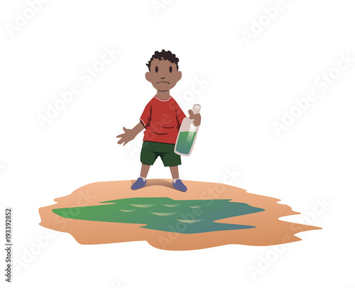 Water scarcity concept. African boy took drinking water from a dirty puddle. Bad drinking water is the cause of dangerous intestinal infections. Vector illustration, isolated on white background.