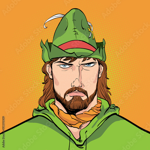 Robin Hood. Defender of weak. Medieval legends. Heroes of medieval legends. Halftone background.