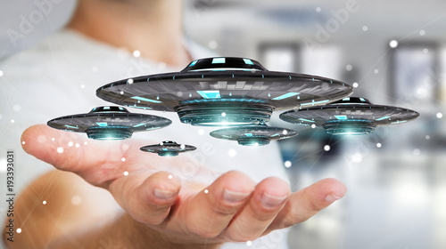 Fototapeta Naklejka Na Ścianę i Meble -  Businessman with retro UFO spaceship 3D rendering