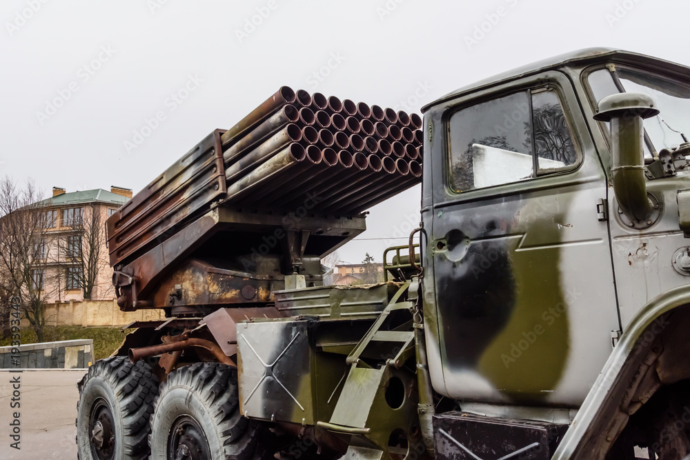 Russian multiple rocket launcher mounted on a soviet military truck
