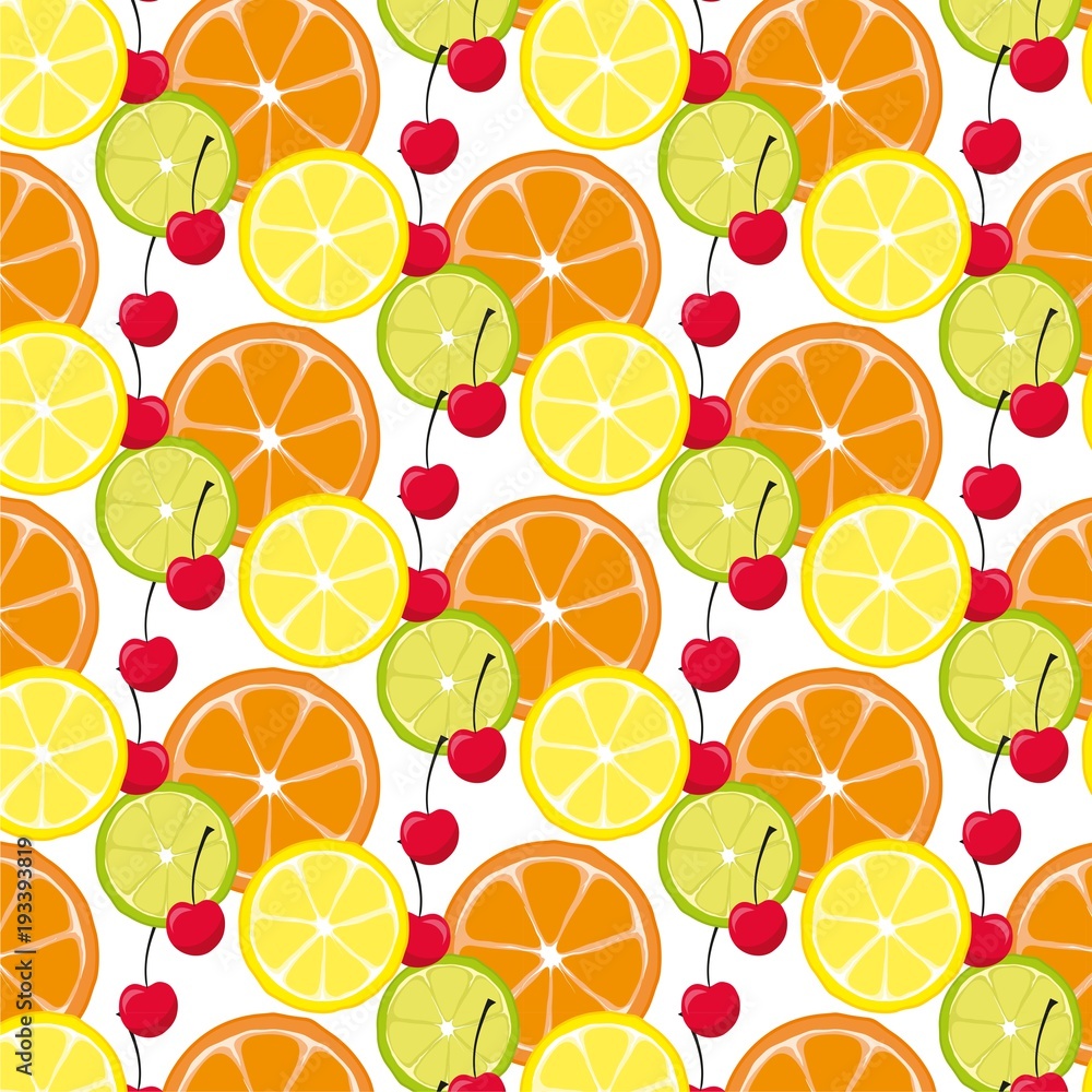 Pattern with citrus fruits and cherry. Mix of lemon lime and orange	