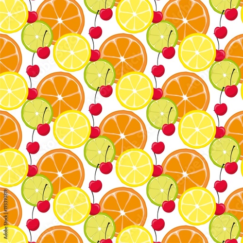 Pattern with citrus fruits and cherry. Mix of lemon lime and orange 
