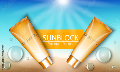 Sunblock ads template, sun protection cosmetic products. 3D illustration for magazine or ads.Bottle products design with moisturizer milk, cream or liquid.