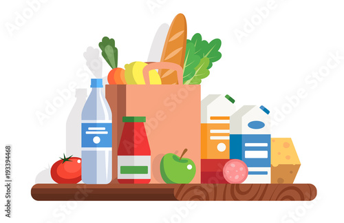 Fresh Food vector illustration in flat style. Different food and beverage products - market basket, commodity bundle, grocery shopping. Milk, juice, water, fruits, vegetables, ham, cheese, bread