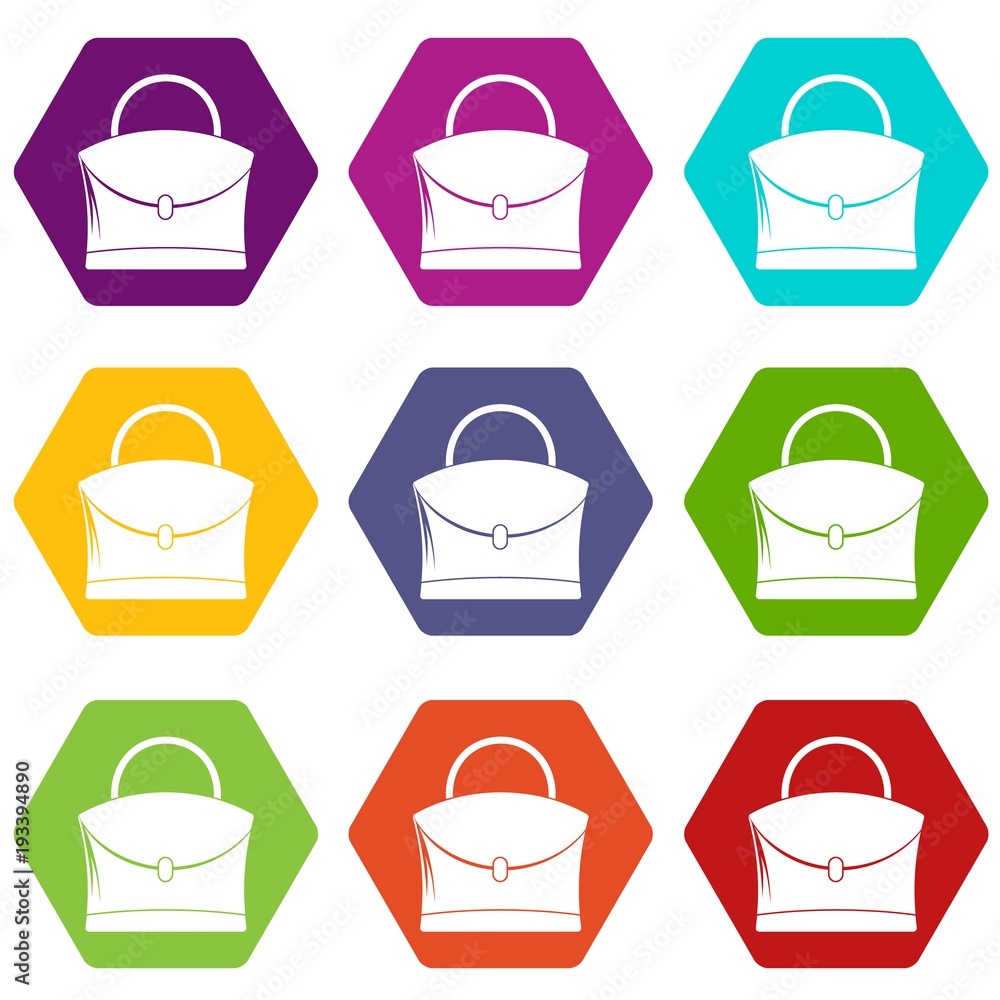 Little woman bag icon set color hexahedron Little woman bag icon set color hexahedron
