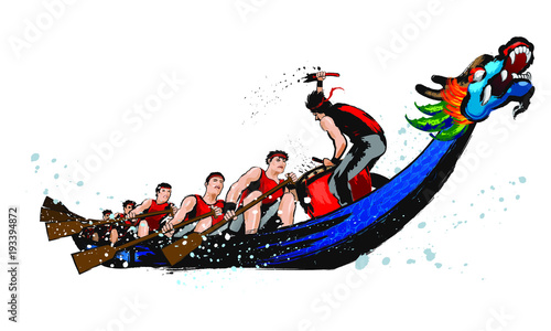 Vector of dragon boat racing during Chinese dragon boat festival. Ink splash effect makes it looks more powerful, full energy and spirit!