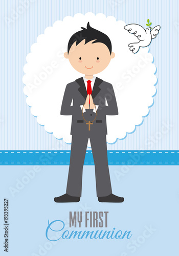 my first communion boy. Card boy praying and a pigeon flying