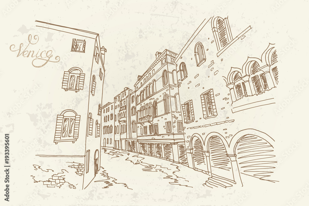 Vector sketch of scene in Venice with channel and architecture.