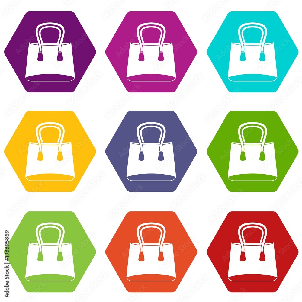 Small woman bag icon set color hexahedron Small woman bag icon set color hexahedron