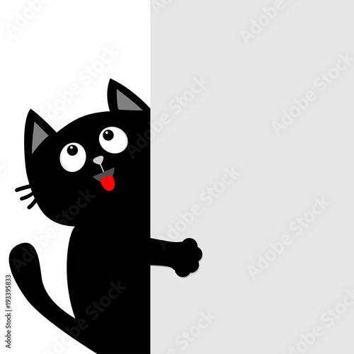 Black cat holding big empty signboard. Looking up. Cute cartoon funny kitten kitty hiding behind paper wall. Flat design. Typography print template. White background. Isolated.
