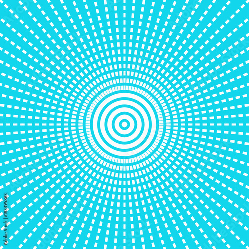 Sunburst starburst with ray of light. Dash line effect. Blue color. Template Abstract background. Round center. Flat design.