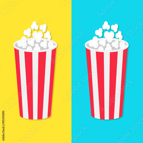 Popcorn round bucket box set. Movie Cinema icon in flat design style. Pop corn popping. Fast food. Blue yellow background template.