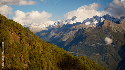 Blick auf Schweizer Alpen, Piz Bernina, Bergell, Chiavenna