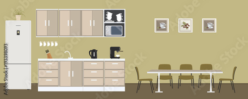 Office kitchen. Dining room in the office. There is a fridge, a table, chairs, a microwave, a kettle and a coffee machine in the image. There are also pictures with coffee on the wall. Vector