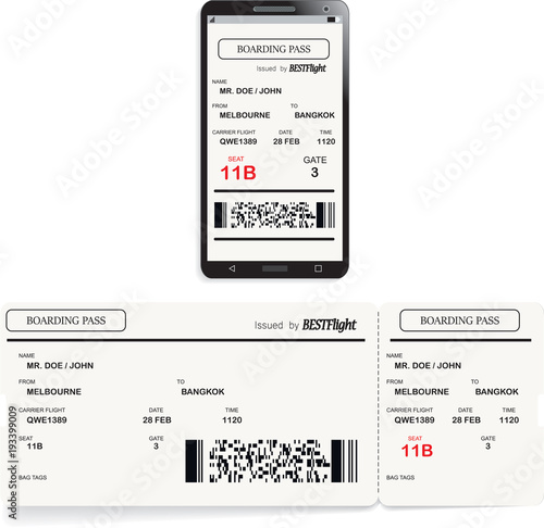 Mobile phone with electronic boarding pass airline ticket and paper boarding pass ticket. Concept of modern travel or journey. Vector illustration