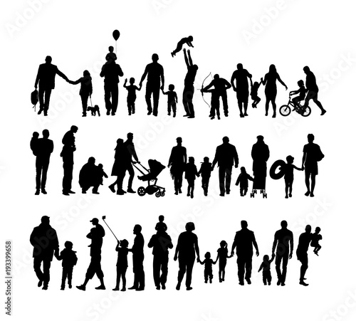 Fathers day set, group of family people vector silhouette isolated on white background. Father with son. Father and daughter. Family values. Little boy and girl with dad. Happy birthday concept.