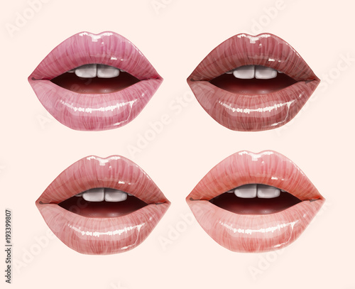 Nude sensual juicy lips collection. Mouth set. Vector lipstick or lip gloss 3d realistic illustration. Gentle pink dusty rose colors