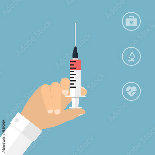 Syringe in doctor hand. Flat design. Illustration for web and mobile app. Medical background.