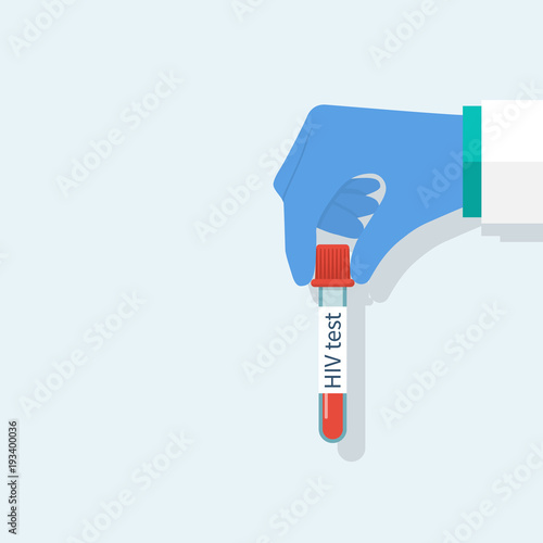 Doctors hands holding blood sample in glass tube for HIV test. World AIDS Day concepts. Sample blood for screening. Laboratory research. Illustration flat design. Isolated on white background.