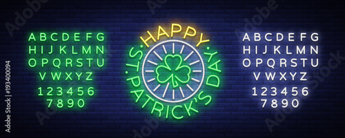 St Patricks Day Vector. Neon sign, logo, invitation symbol, greeting card, postcard. Design a neon style template for your projects. Bright banner. Invitation to the holiday. Editing text neon sign