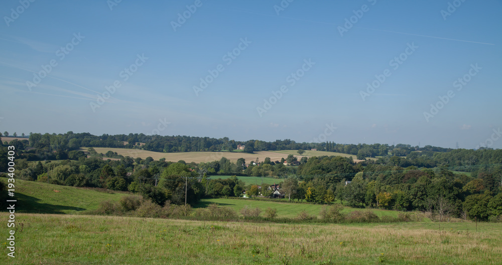 landscape photo of a country scene with a clear blue sky on a summers day
