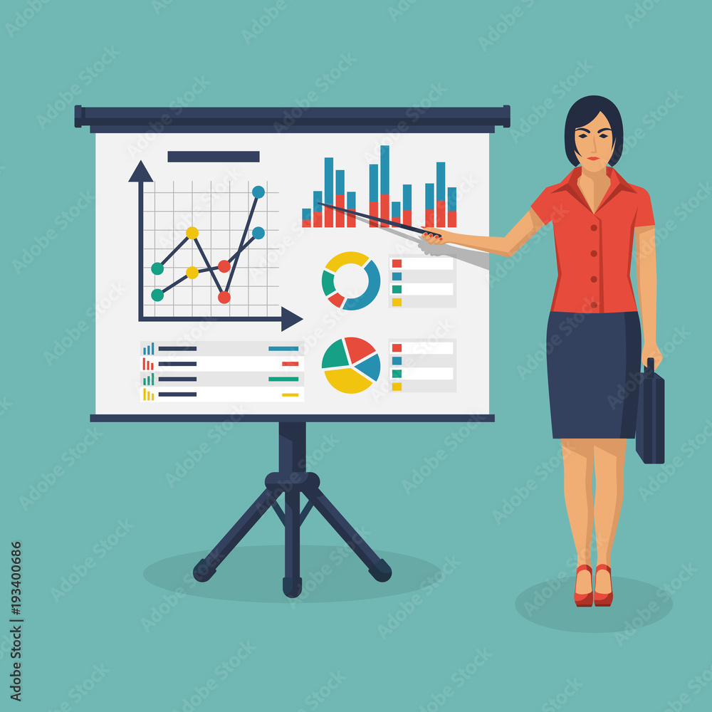 Businesswoman spend business presentation. Financial consultant concept. Vector illustration flat design. Research graphs market, diagrams, charts financial reports. Accounting organization process.
Businesswoman spend business presentation. Financial consultant concept. Vector illustration flat design. Research graphs market, diagrams, charts financial reports. Accounting organization process.
