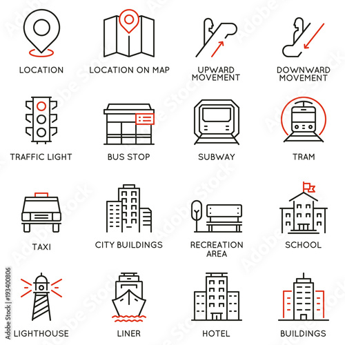 Vector set of thin linear 16 icons related to infrastructure, urban environment, city development and street transportations. Mono line pictograms and infographics design elements