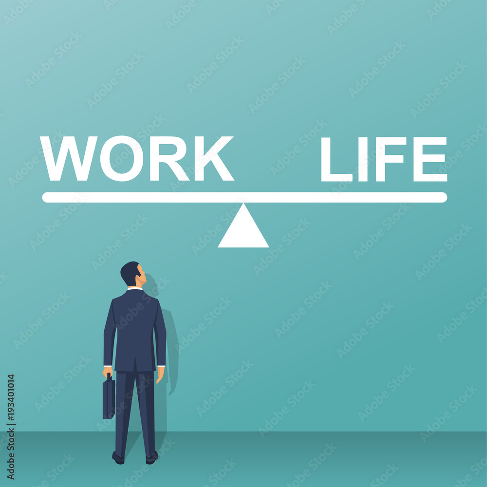 Balance life and work. Businessman chooses between scales work and lifestyle. Vector illustration flat design. Isolated on white background. Modern businessman standing in front of a choice. Balance life and work. Businessman chooses between scales work and lifestyle. Vector illustration flat design. Isolated on white background. Modern businessman standing in front of a choice.